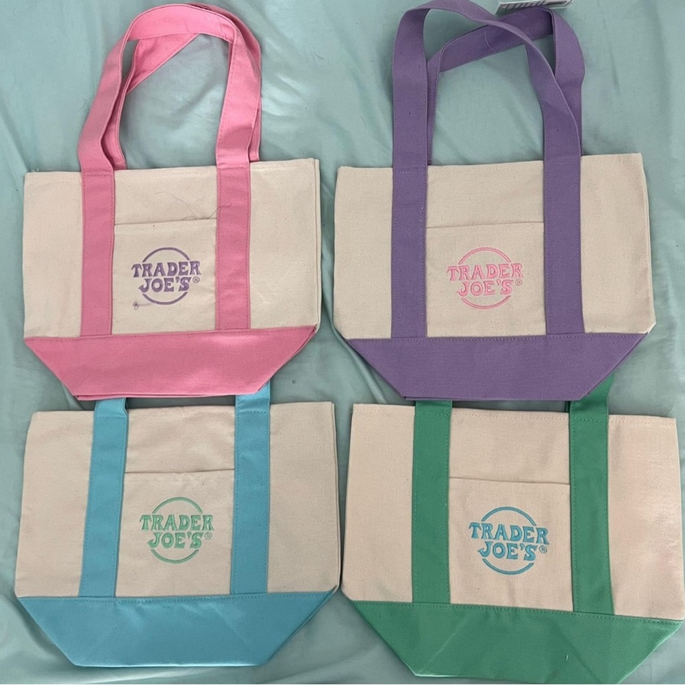 Four NWT Trader Joe’s Canvas Tote Bag Set - Pink, Purple, Blue, Green